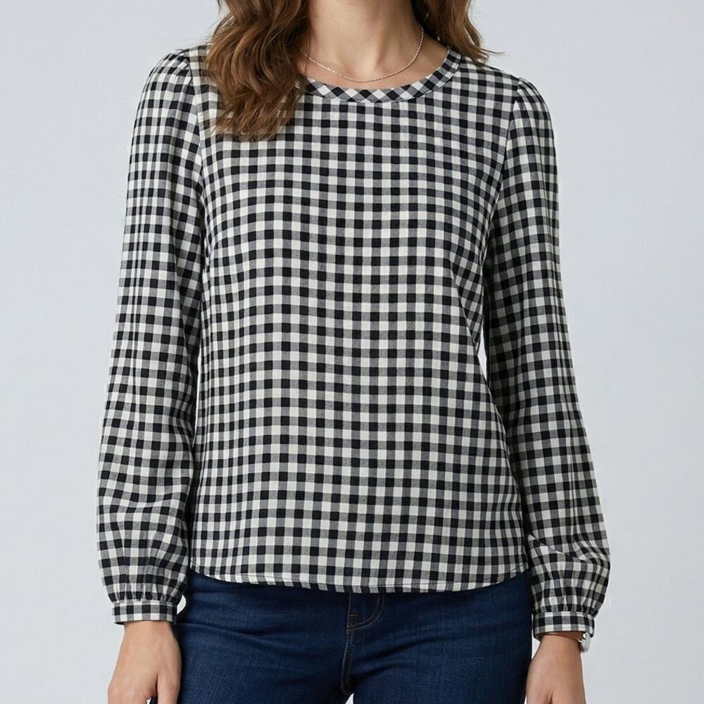 LOFT Womens Medium Long Sleeve Black White Check Top 100% Rayon